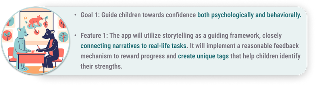 Design goal connecting stories with real-life confidence-building tasks and strengths.