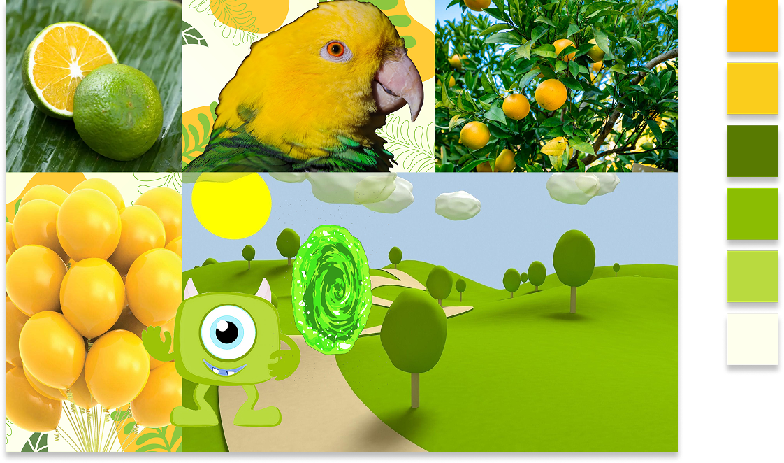 ConfiGrowth moodboard with citrus colors, playful characters, and nature-inspired imagery.