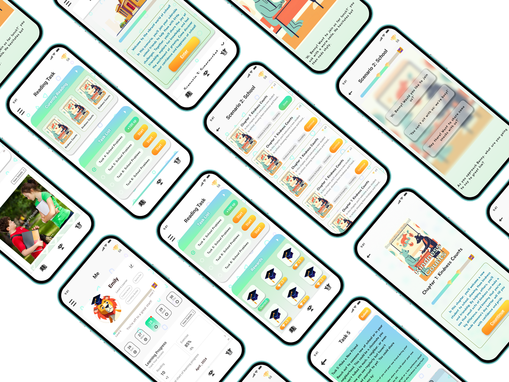 High-fidelity overview showing the connected ConfiGrowth mobile interface screens.