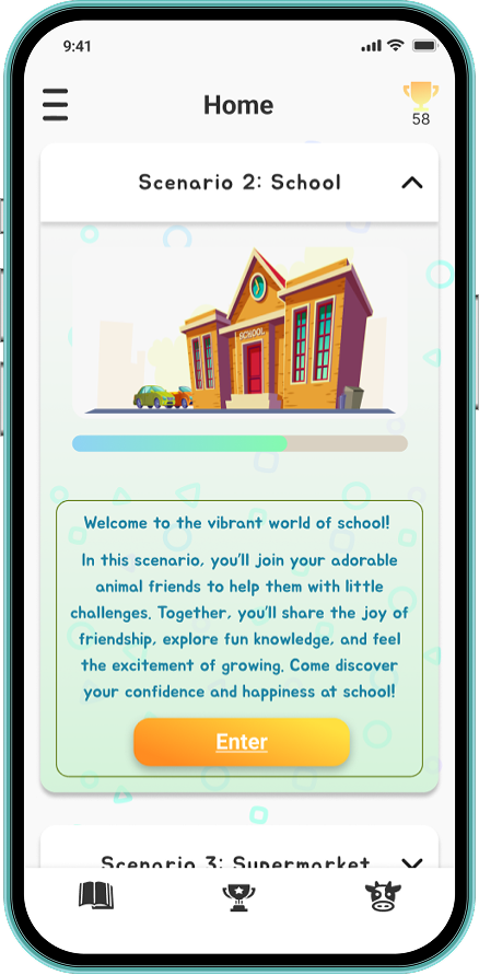 ConfiGrowth home screen with confidence-building story scenarios.
